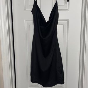 Black satin cowl neck mini dress